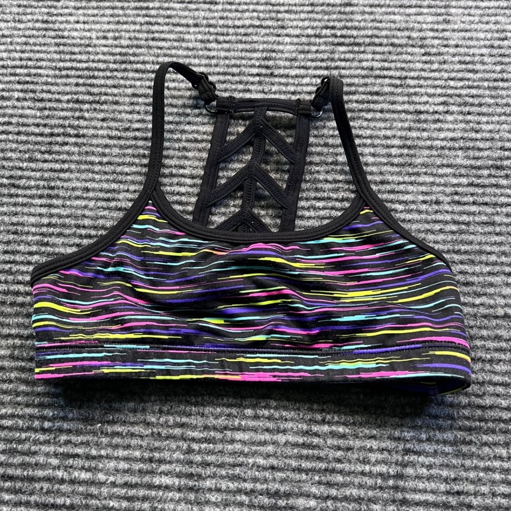 Justice Girls Size 28 Neon Multi Color Strappy Back Adjustable Sports Bra Black